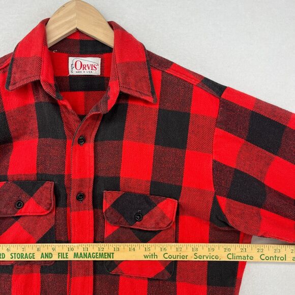 ORVIS Shirt Men M Wool Blend Flannel Buffalo Check Button Up Shacket Red USA VTG - Picture 12 of 14